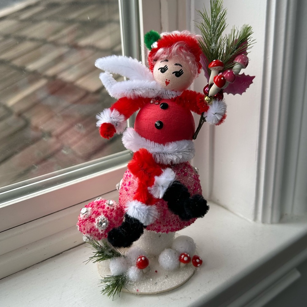 Festive vintage repurposed mrs. Santa on Mushroom Holiday Christmas Decoration